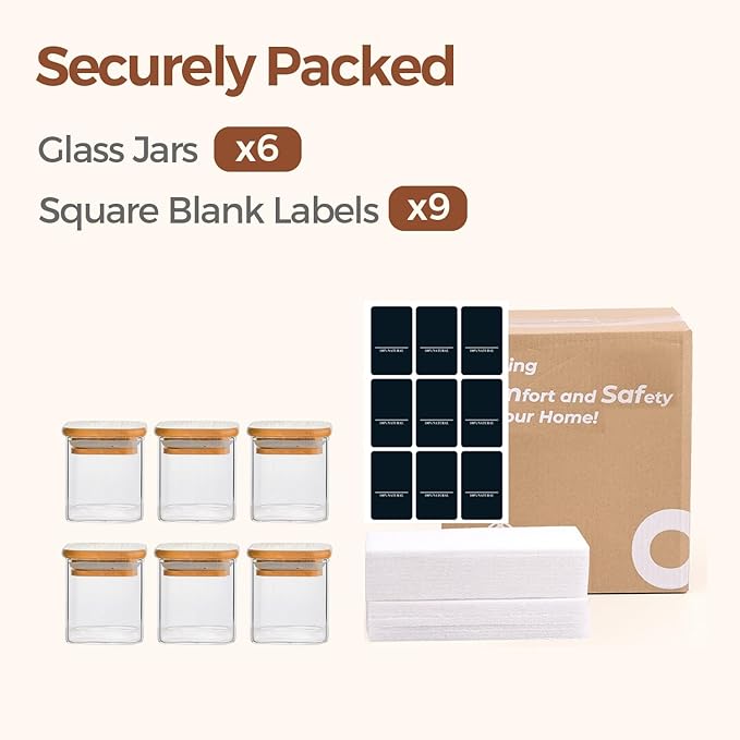 ComSaf Spice Jars with Labels 4 oz 6Pack, Small Spice Containers Starter Set, Glass Seasoning Jars with Lids, Square Seasoning Containers for Salt, Pepper, Chili Powder, Sugar, Ginger Ground, Cumin - Image 8