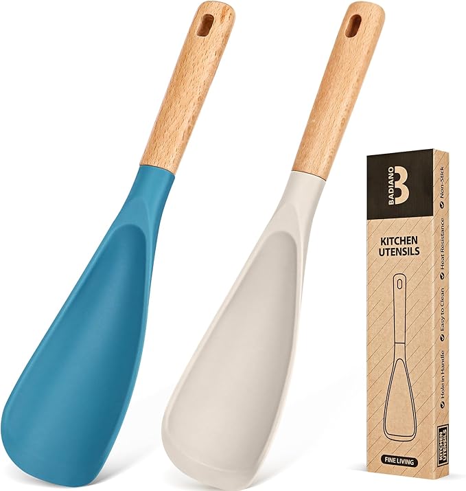 Cooking Spoon for Nonstick Cookwares, Great for Cooking and Serving Sturdy BPA-Free Matte Silicone, Wood Handle Spoon for Mixing, Scoop, and Scrape (Khaki & Turquoise, 11.4 inch) by BADIANO