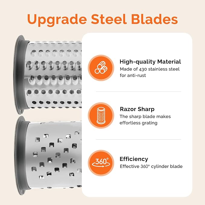 UHIYEE Patented Rotary Parmesan Cheese Grater, Hand Crank Cheese Shredder with Fine & Coarse Drums, Restaurant Quality, White, Stainless Steel & ABS, Dishwasher Safe, Gray Green - Image 3