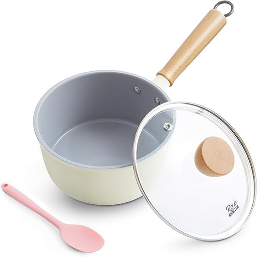 ROCKURWOK Ceramic Nonstick Sauce Pan with Lid, 1.5 Qt Small Pots for Cooking, Small Pot Wooden Handle for Cool Touch, Non Toxic & Pfas-Free Saucepan, Universal Base(Gas, Electric & Induction), White by ROCKURWOK