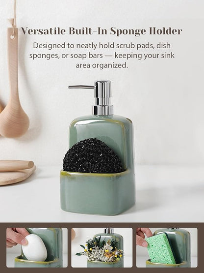 INGOFIN Kitchen Dish Soap Dispenser with Sponge Holder, 2-in-1 Ceramic Refillable Hand Soap Bottle & Sponge Caddy Set, for Kitchen Sink Organizer and Bathroom, Green