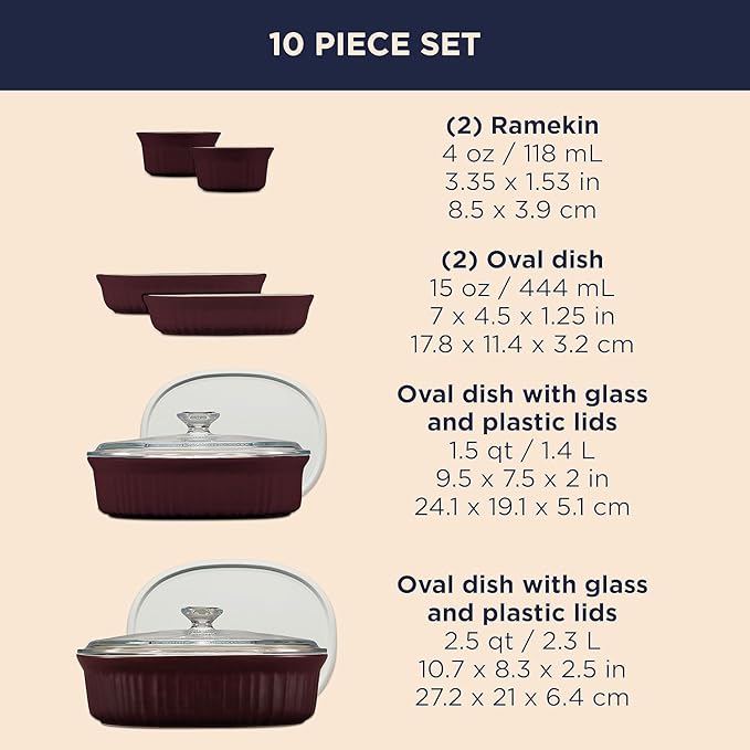 CorningWare Ceramic Bakeware Set with Lids Chip and Crack Resistant Stoneware Baking Dish, Microwave, Dishwasher, Oven, Freezer and Fridge Safe, 10-Piece French Cabernet - Image 2