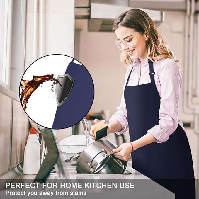 Jubatus 2 Pack Bib Aprons with 2 Pockets Cooking Chef Kitchen Apron for Women Men, Navy Blue - Image 3