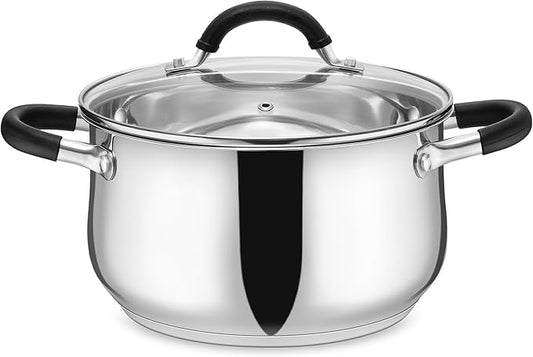 E-far 5Qt Stainless Steel Pot, Stock Pot with Glass Lid for Cooking Pasta Soup Sauce, Tri-Ply Induction Thick Base & Cool-Touch Handles, All Stoves & Dishwasher Safe by E-far