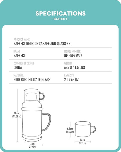 Baffect Bedside Water Carafe And Glass Set, High Borosilicate Glass Pitcher For Hot Or Cold Beverage, 68oz Water Bottles With 10 Oz Tumbler For Nightstand, Kitchen, Mouthwash Dispenser For Bathroom