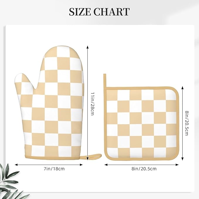 Checkered Beige Silicone Oven Mitts Pan Mats Set of 2, Heat Resistant Gloves Potholder with Non-Slip Grips Hanging Loops Pot Holder, Spring Summer for Chef Cooking, Baking, Grilling, BBQ