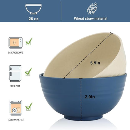 Wrova 26 oz Wheat Straw Bowls,Unbreakable Cereal Bowls Set of 6,Microwave & Dishwasher Safe Salad Bowls for kitchen, Kitchen Bowl Sets for Soup,Salad,Fruit,Snack and Oatmeal-Multi Color