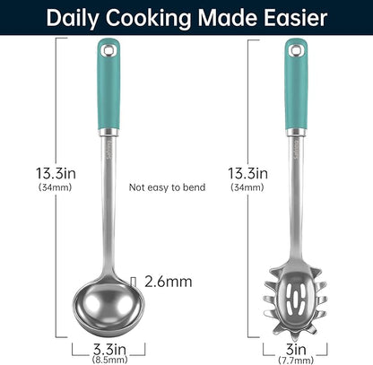 Safring Stainless Steel Soup Ladle and Spaghetti Spoon Set, Heat Resistant Rubber Handle, Dishwasher Safe, Kitchen Utensils for Cooking, Stirring, Serving Pasta, Soup & Sauce (Aqua Sky) - Image 2