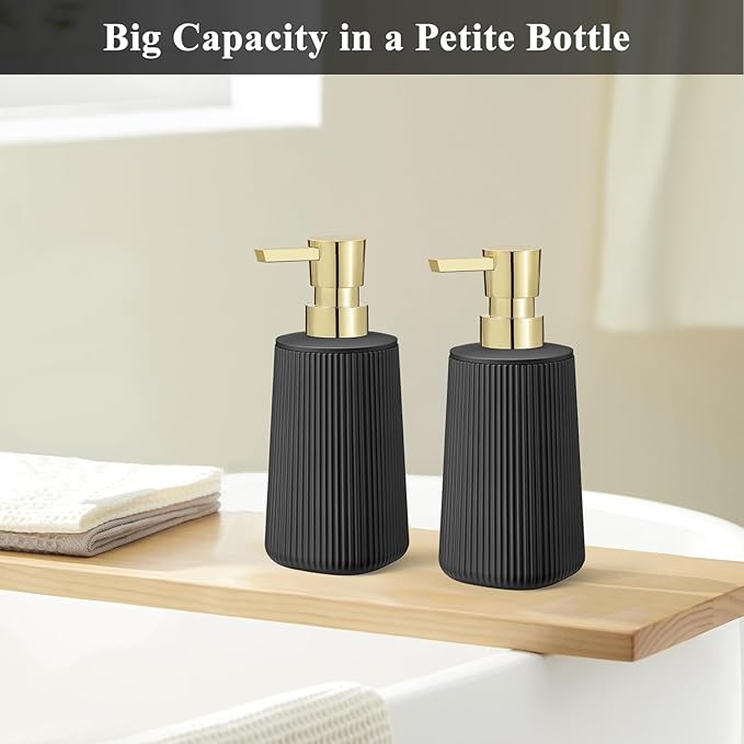 Black and Gold 2 Pack Hand Soap Dispensers Set with No Rust Pump for Bathroom and Kitchen Countertops Refillable Matte Striped Plastic 8.5 oz