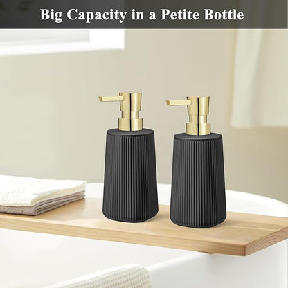 Black and Gold 2 Pack Hand Soap Dispensers Set with No Rust Pump for Bathroom and Kitchen Countertops Refillable Matte Striped Plastic 8.5 oz