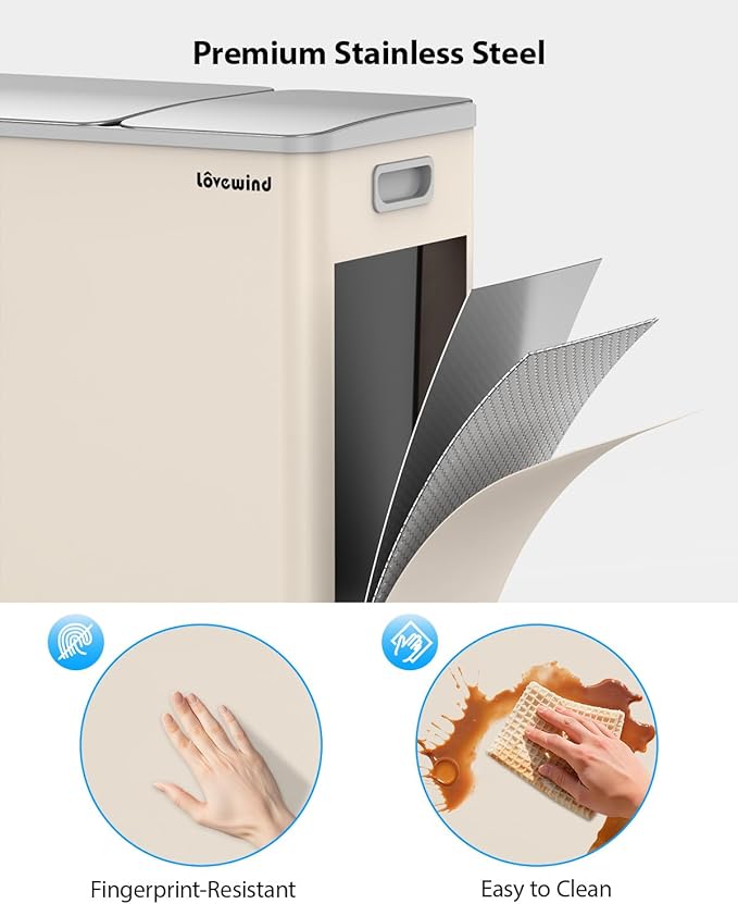 Lovewind Dual Trash Can, 14 + 6 Gallon Garbage Can for Kitchen Dual Compartment Recycling Kitchen Step Trash Bin, Stainless Steel Trash and Recycle Bin Combo with Soft-Close Lid, Apricot - Image 3