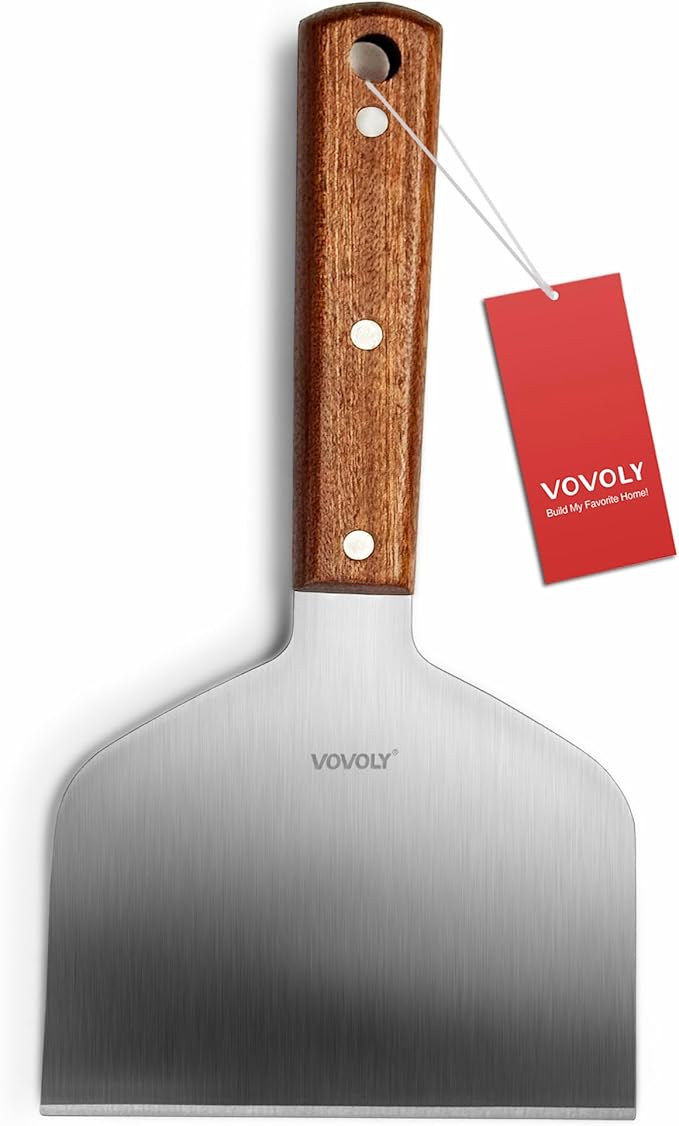 Vovoly Extra Wide Griddle Scraper, 5.5''x5.5'' Smashed Burger Scraper Grill Scraper Spatula Burger Turner - Full Tang Wooden Handle Professional Grade Grill Accessories, Knife Grade Stainless Steel by VOVOLY