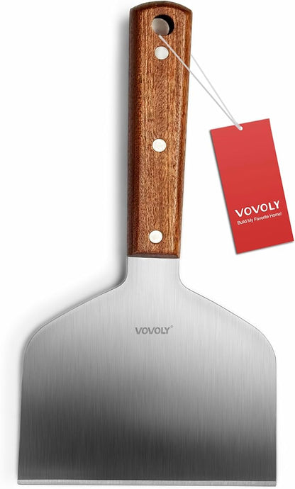Vovoly Extra Wide Griddle Scraper, 5.5''x5.5'' Smashed Burger Scraper Grill Scraper Spatula Burger Turner - Full Tang Wooden Handle Professional Grade Grill Accessories, Knife Grade Stainless Steel by VOVOLY