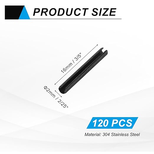 MECCANIXITY 120Pcs Slotted Split Roll Pins 2/25 Inch(2mm) Dia. 3/5 Inch(16mm) Length Steel Spring Tension Expansion Dowels for Secure Fastening, Black