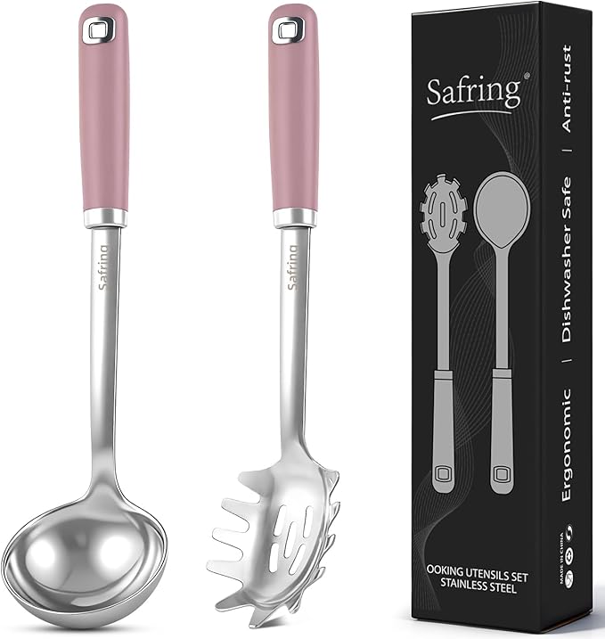 Safring Stainless Steel Soup Ladle and Spaghetti Spoon Set, Heat Resistant Rubber Handle, Dishwasher Safe, Kitchen Utensils for Cooking, Stirring, Serving Pasta, Soup & Sauce (Pink) by Safring