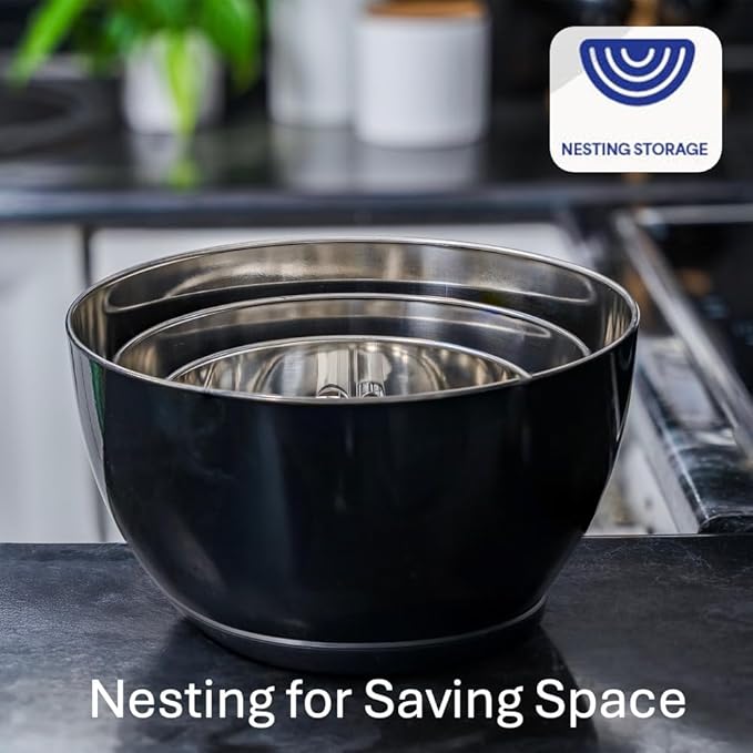 WHYSKO Stainless Steel Mixing Bowls Set of 3 with Non-Slip Silicone Base, Nesting Metal Bowls for Meal Prep, Baking, Cooking & Food Storage, Dishwasher Safe Kitchen Mixing Bowls, Black - Image 4
