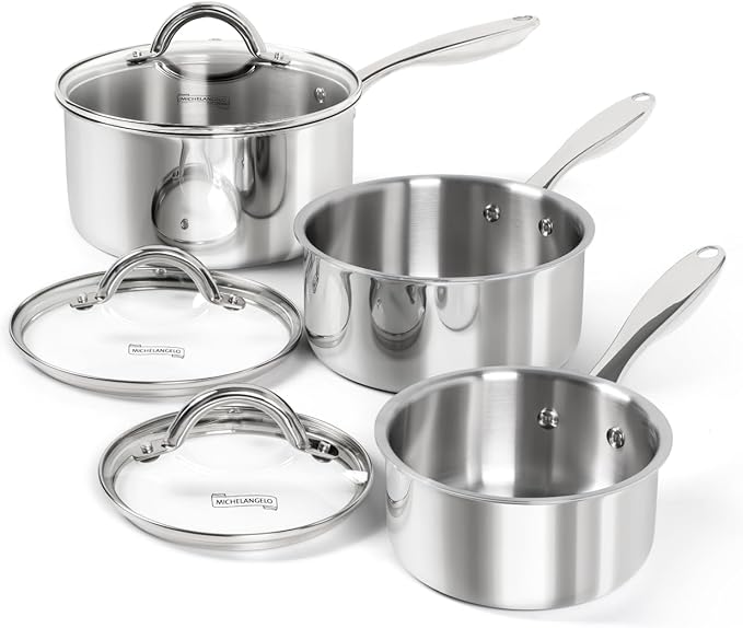 MICHELANGELO Saucepan Set 6pc, Triply Stainless Steel Sauce Pan with Lids 1QT & 2QT &3QT, Kitchen Cooking Pot for Home Use, Dishwasher Safe & Induction Compatible by Michelangelo