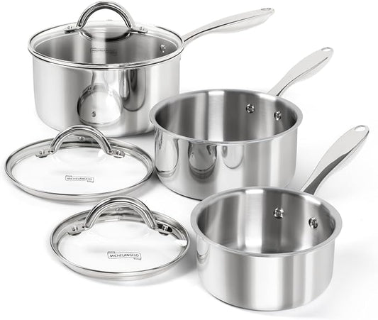 MICHELANGELO Saucepan Set 6pc, Triply Stainless Steel Sauce Pan with Lids 1QT & 2QT &3QT, Kitchen Cooking Pot for Home Use, Dishwasher Safe & Induction Compatible by Michelangelo