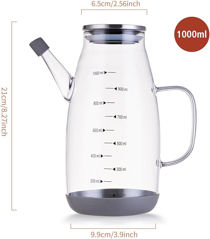 Oil Dispenser for Kitchen, 34OZ Glass Oil Bottle with Drip Free Spout and Non Slip Bottom, High Borosilicate Glass, 1000ml Capacity for Olive Oil, Vinegar, Soy Sauce, Cooking