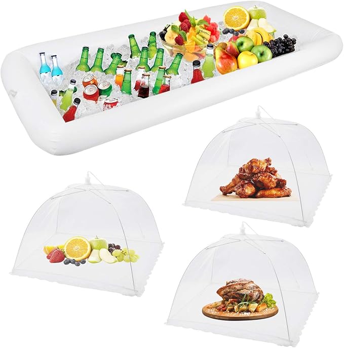 1PCS Inflatable Serving Bars and 3PCS Mesh Food Umbrella Covers Tent for Outdoor,Keep Salads Beverages Ice Cold - For Parties Indoor & Outdoor BBQ, Picnic Pool Party Supplies Luau Cooler by FOOEN