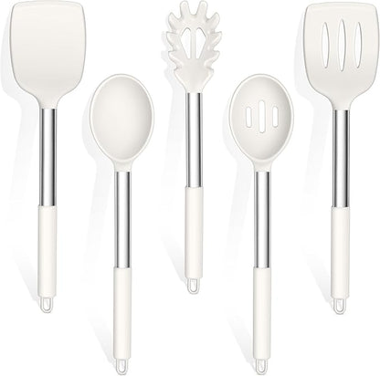 TeamFar Cooking Utensils Set, 5 Pcs Silicone Kitchen Utensils with Stainless Steel Handle, for Nonstick Cookware Flipping Frying Turning Draining, Heatproof & Healthy, Healthy & Easy Clean, White by TeamFar