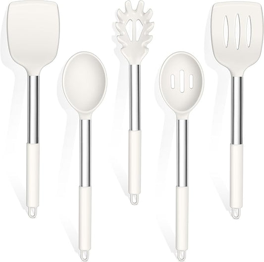 TeamFar Cooking Utensils Set, 5 Pcs Silicone Kitchen Utensils with Stainless Steel Handle, for Nonstick Cookware Flipping Frying Turning Draining, Heatproof & Healthy, Healthy & Easy Clean, White by TeamFar