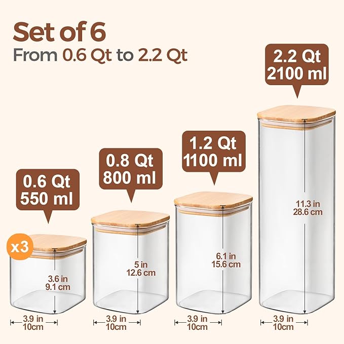 ComSaf Food Storage Containers with Airtight Lids Set of 6, Clear Glass Canister Food Jar with Sealing Lid Kitchen Pantry Storage Container for Spaghetti Pasta Sugar Flour Oat Cereal Beans, Square - Image 2