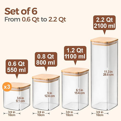 ComSaf Food Storage Containers with Airtight Lids Set of 6, Clear Glass Canister Food Jar with Sealing Lid Kitchen Pantry Storage Container for Spaghetti Pasta Sugar Flour Oat Cereal Beans, Square - Image 2