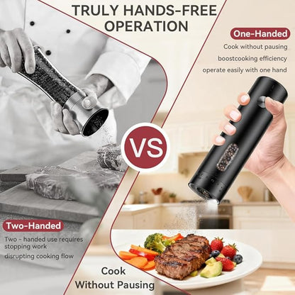 Electric Salt and Pepper Grinder Set with Dual Charging Base, Rechargeable Automatic Pepper Mill, 110ml Large Capacity, Adjustable Coarseness, One-Handed Operation for Kitchen, BBQ, Gift