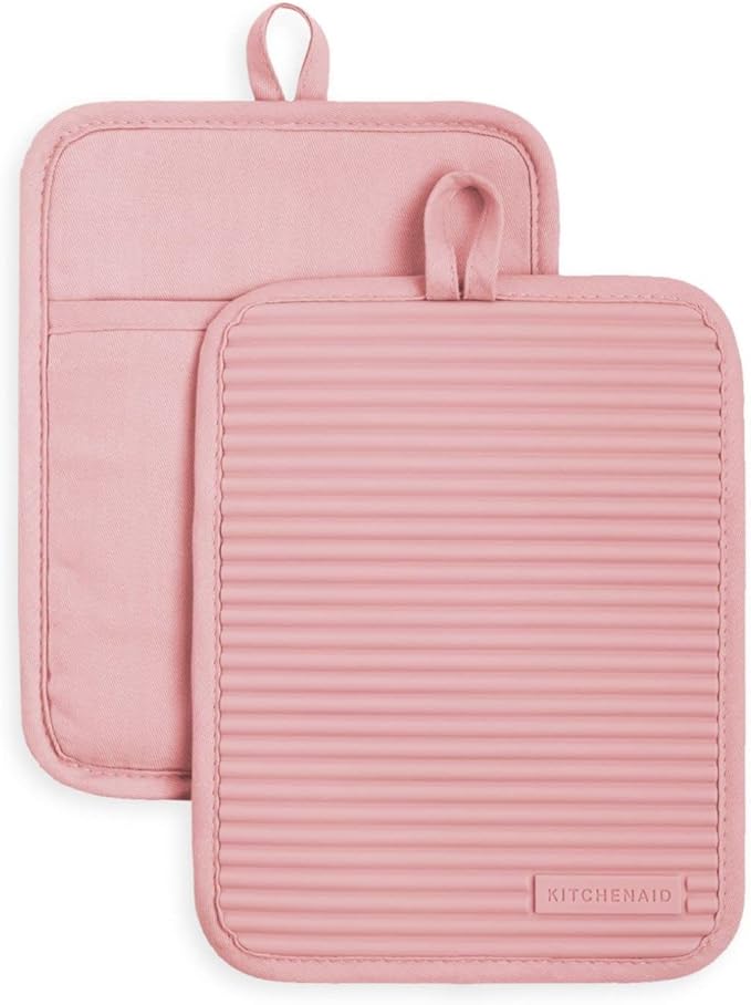KitchenAid Ribbed Soft Silicone Pot Holder 2-Pack Set, Dried Rose, 7"x9" by KitchenAid