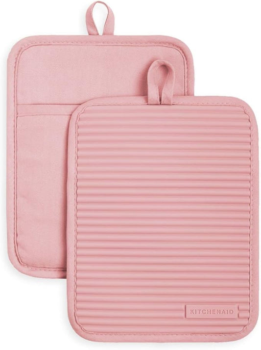KitchenAid Ribbed Soft Silicone Pot Holder 2-Pack Set, Dried Rose, 7"x9" by KitchenAid