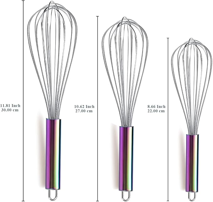 Berglander Rainbow Handle Whisk Pack of 3 Stainless Steel 8",10",12", Titianium Plating Colorful Handle Whisks for Cooking, Beater,Wire Whisk Set Kitchen Wisk (Rainbow Handle) - Image 2