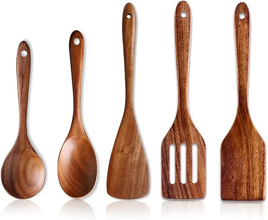 5 Pcs Best Wooden Spoons for Cooking Kitchen Utensils Set Acacia Wood Cooking Spatula Turner Non Toxic Utensil Slotted Serving Spoon Flat Spatulas Set Wooden Utensis Mixing Cooking Spoon Kitchen Tools by Renawe