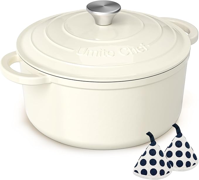 Enameled Cast Iron Dutch Oven - Umite Chef 5QT Pot with Lid & Cotton Potholders - Heavy-Duty Cookware for Bread Baking, Braising, Stews, Roasting(Cream White) by UmiteChef