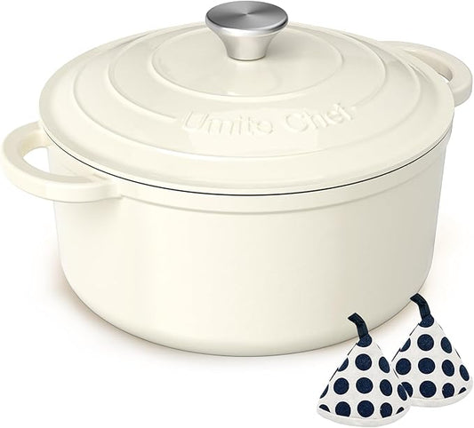 Enameled Cast Iron Dutch Oven - Umite Chef 5QT Pot with Lid & Cotton Potholders - Heavy-Duty Cookware for Bread Baking, Braising, Stews, Roasting(Cream White) by UmiteChef