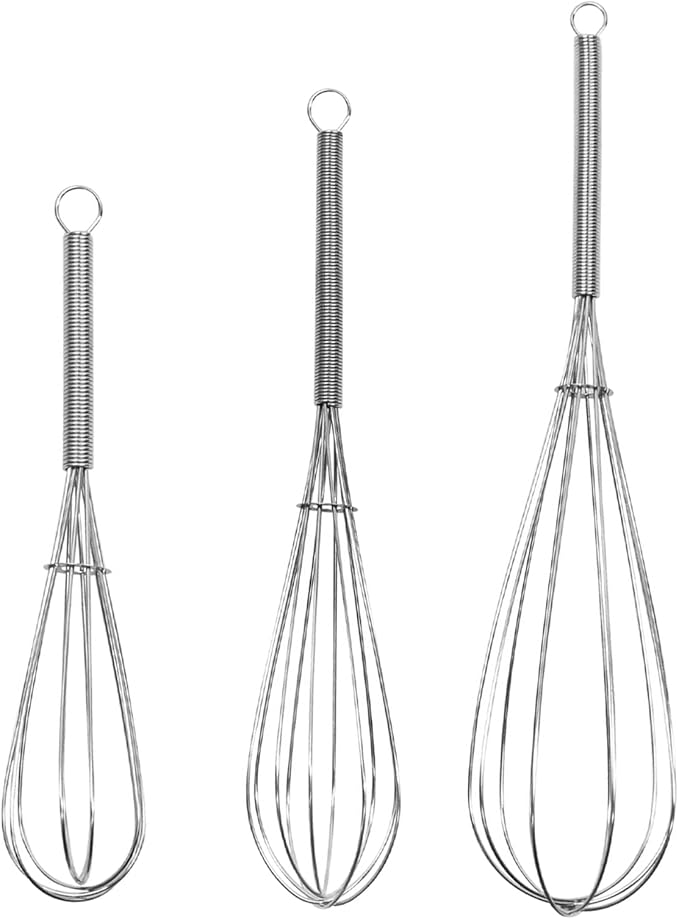 Digead Mini Wire Whisk, 3-Pack - 8, 10 & 12 Inch Small Whisk for Cooking - Ergonomic Spiral Handle, 304 Stainless Steel - Ideal for Whisking, Beating, Blending & Mixing Sauces - Silver by Digead