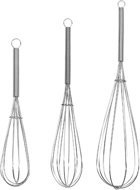 Digead Mini Wire Whisk, 3-Pack - 8, 10 & 12 Inch Small Whisk for Cooking - Ergonomic Spiral Handle, 304 Stainless Steel - Ideal for Whisking, Beating, Blending & Mixing Sauces - Silver by Digead