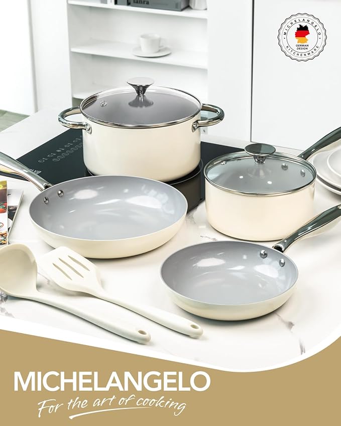 MICHELANGELO Pots and Pans Set Non Stick - Titanium Cookware Set Non Toxic Ceramic Coating, 8-Pcs Nonstick Pots and Pans with Ergonomic Handle, Dishwasher Safe & Induction Compatible, Cream - Image 8