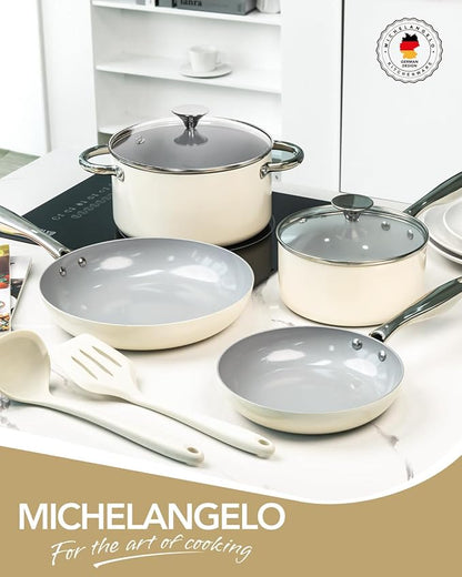 MICHELANGELO Pots and Pans Set Non Stick - Titanium Cookware Set Non Toxic Ceramic Coating, 8-Pcs Nonstick Pots and Pans with Ergonomic Handle, Dishwasher Safe & Induction Compatible, Cream - Image 8