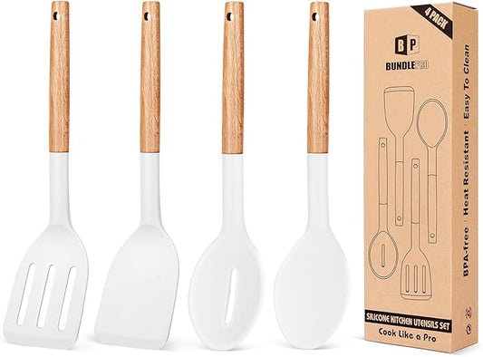 Pack of 4 Silicone Cooking Utensils Set, Non Stick Solid Spatulas and Heat Resistant Slotted Spoons with Wooden Handle, Ideal Wood Kitchen Utensils Set for Frying,Serving,Turning,Stirring (WHITE) by BUNDLEPRO