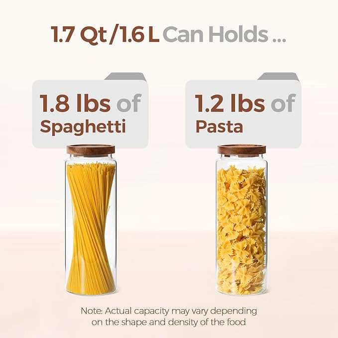 ComSaf 3Pcs (1.7Qt) Airtight Glass Pasta Storage Containers with Acacia Wood Lids, Tall Pantry Storage Container for Organizing Spaghetti and Pasta, Thick Glass Spaghetti Container with Pasta Labels - Image 4