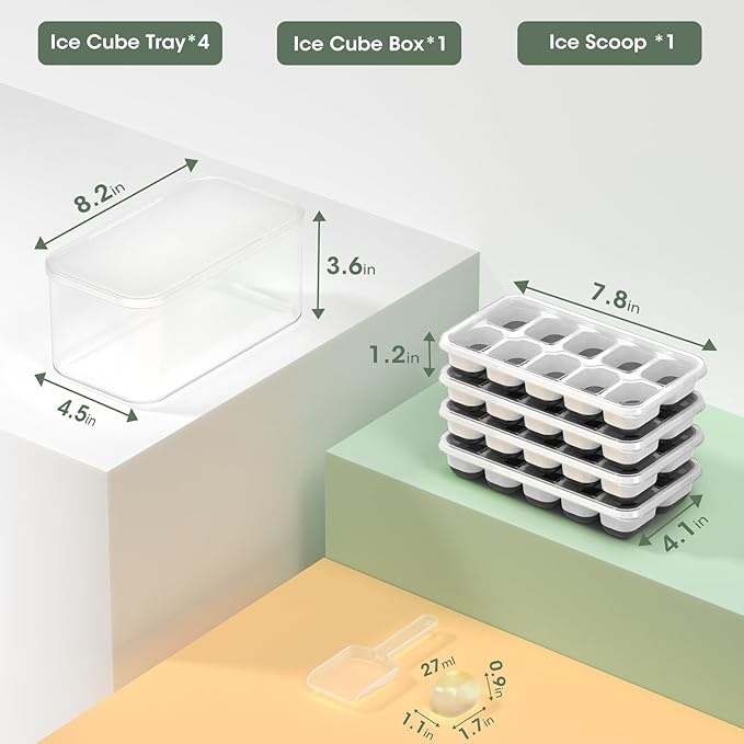 DOQAUS Ice Cube Tray with Lid and Bin - 4 Pack Silicone Ice Cube Trays for Freezer, Stackable Ice Bucket Kits with Storage Container & Scoop for Kitchen, RV, Cocktail, Coffee - Image 2