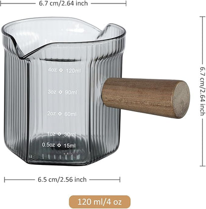 Joeyan 4 oz Grey Double Spouts Measuring Triple Pitcher Milk Cup with Wood Handle,Ribbed High Borosilicate Glass Measuring Cup, Espresso Shot Glasses - Image 2