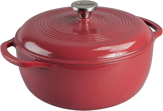 Lodge Essential Enamel Cast Iron Dutch Oven - Perfect for Bread Baking, Braising, Marinating & Slow Cooking - Features Moisture-Sealing Lid & Dual Handles - Kitchen Essentials - 6 Quarts - Cranberry by Lodge