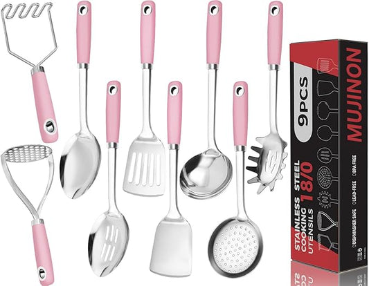 18/0 Stainless Steel Cooking Utensils Set, Heavy Duty Pink Handle for Kitchen Daily Use Party Wedding Housewarming, Dishwasher Safe, 9 Pieces by MUJINON