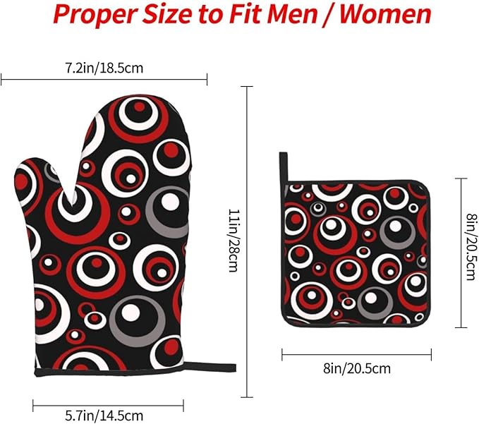 Retro Red Circles Oven Mitt and Pot Holder Set (3-Piece) - Heat Resistant Non-Slip Modern Geometric Gloves Gift for Chef Cooking Baking Grilling BBQ Lovers, Stylish Kitchen Decor, Red White Black Grey - Image 9