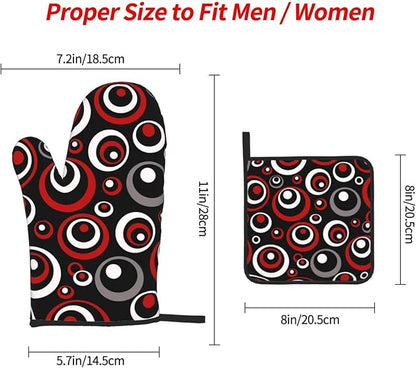 Retro Red Circles Oven Mitt and Pot Holder Set (3-Piece) - Heat Resistant Non-Slip Modern Geometric Gloves Gift for Chef Cooking Baking Grilling BBQ Lovers, Stylish Kitchen Decor, Red White Black Grey - Image 9