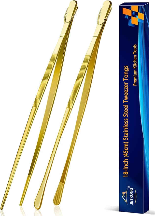JETKONG 2 Pcs 18 Inch (45cm) Stainless Steel Grill Tongs Heavy Duty Giant Tweezer Tongs, Extra Large Tweezers Tools for Cooking, Grilling, BBQ and Turning Food (Gold) by JETKONG