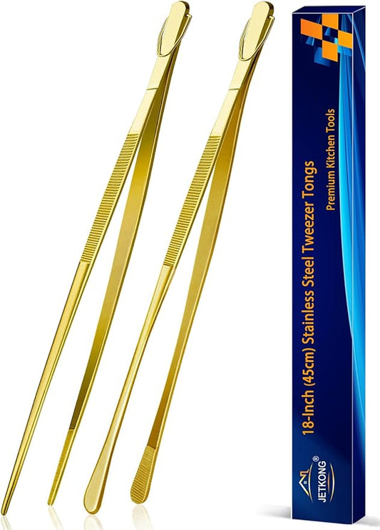 JETKONG 2 Pcs 18 Inch (45cm) Stainless Steel Grill Tongs Heavy Duty Giant Tweezer Tongs, Extra Large Tweezers Tools for Cooking, Grilling, BBQ and Turning Food (Gold) by JETKONG