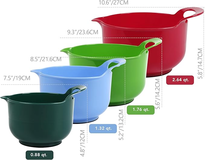 BoxedHome 4 Pack Nesting Mixing Bowl Christmas Set with Pour Spout and Handle, BPA free Microwave & Dishwasher Safe(Christmas colours, 4 Pack with Handle, Random colour silicone scraper included) - Image 3
